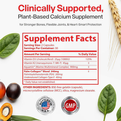 Peak Health Research Calcium Supplement with D3, K2 & Aquamin Plant-based calcium, Type II collagen, PEA, 70+ trace minerals, bone & joint formula, 60 capsules, GMP-certified facility